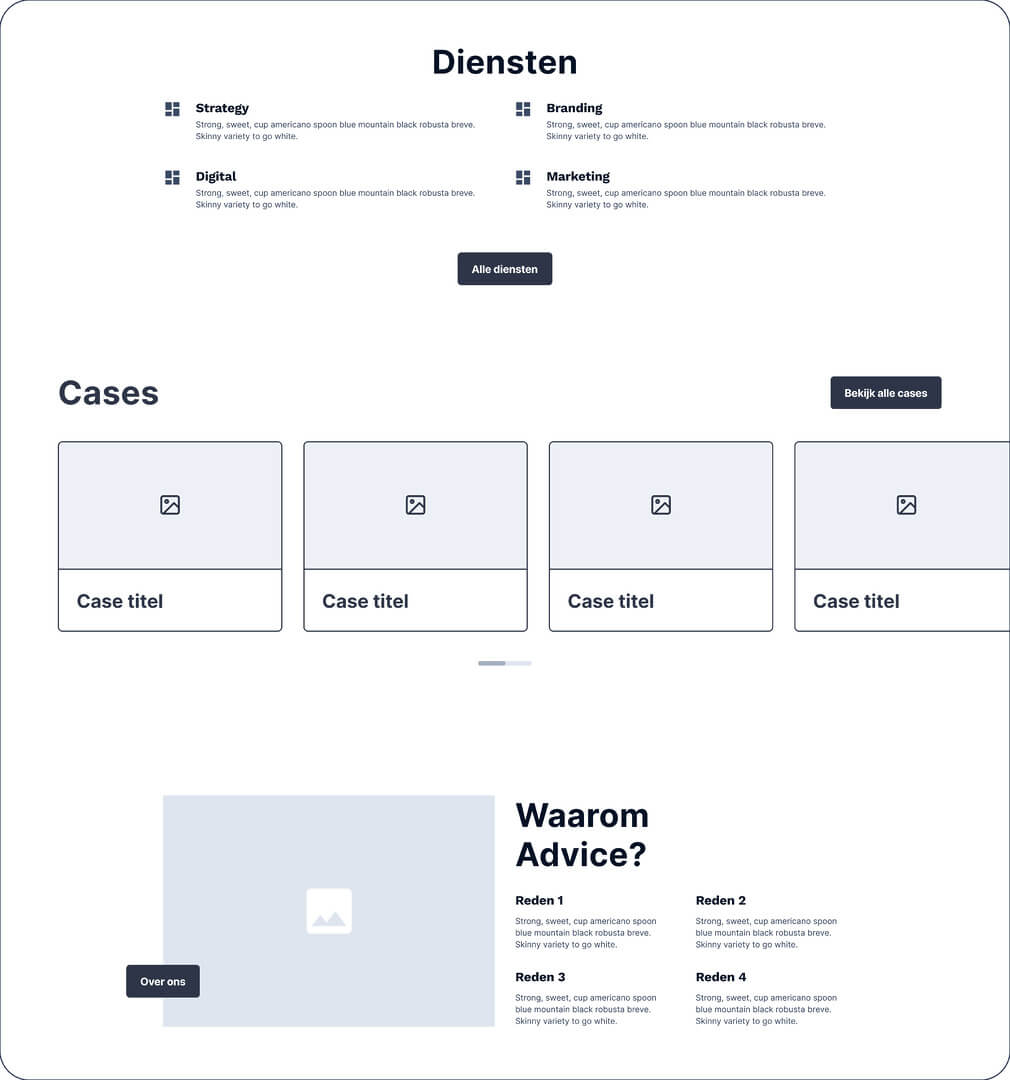 Voorbeeld wireframe van onze eigen website